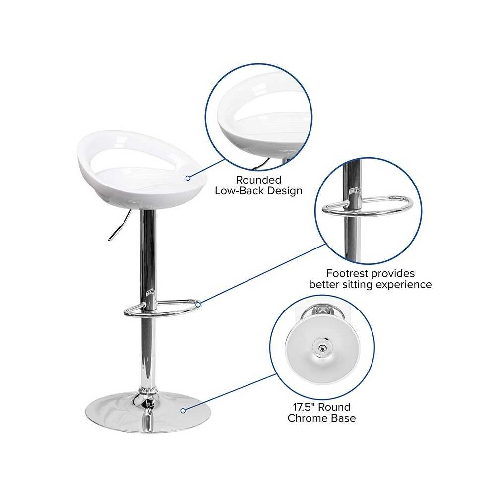 Contemporary White Plastic Adjustable Height Barstool with Rounded Cutout Back and Chrome Base