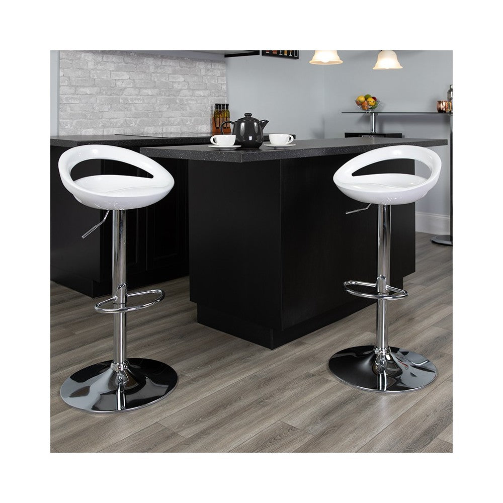 Contemporary White Plastic Adjustable Height Barstool with Rounded Cutout Back and Chrome Base