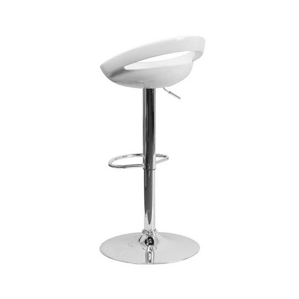 Contemporary White Plastic Adjustable Height Barstool with Rounded Cutout Back and Chrome Base