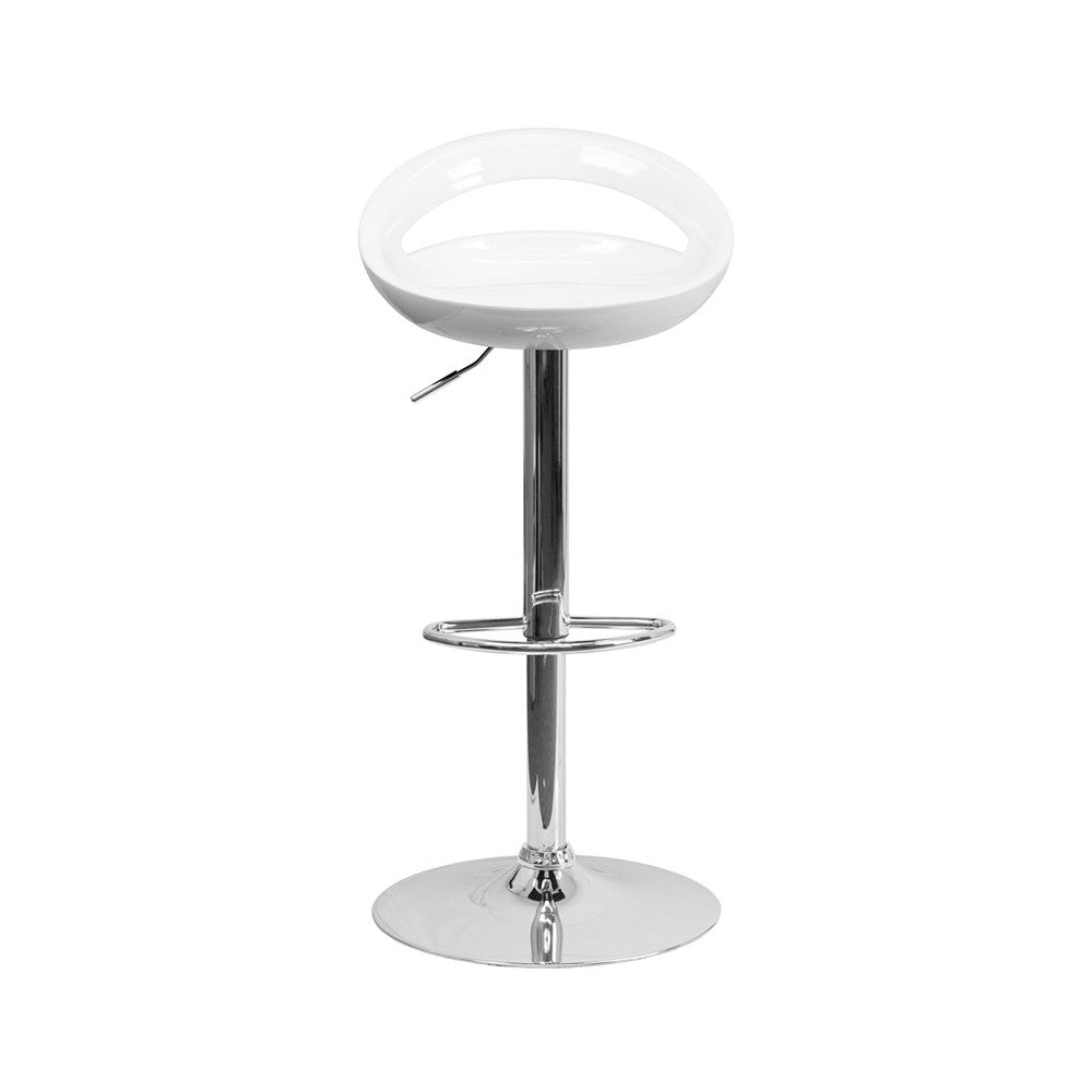 Contemporary White Plastic Adjustable Height Barstool with Rounded Cutout Back and Chrome Base