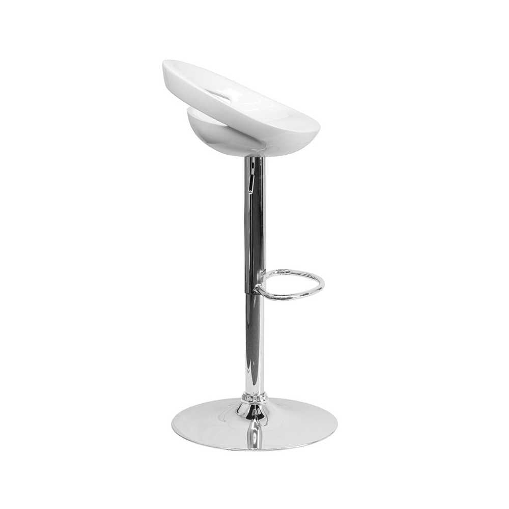 Contemporary White Plastic Adjustable Height Barstool with Rounded Cutout Back and Chrome Base