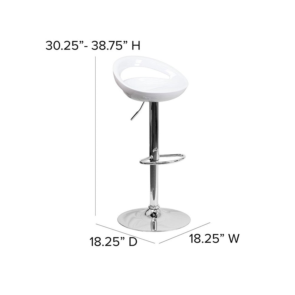 Contemporary White Plastic Adjustable Height Barstool with Rounded Cutout Back and Chrome Base