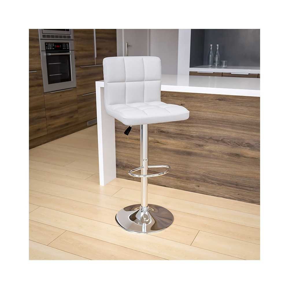 Contemporary White Quilted Vinyl Adjustable Height Barstool with Chrome Base