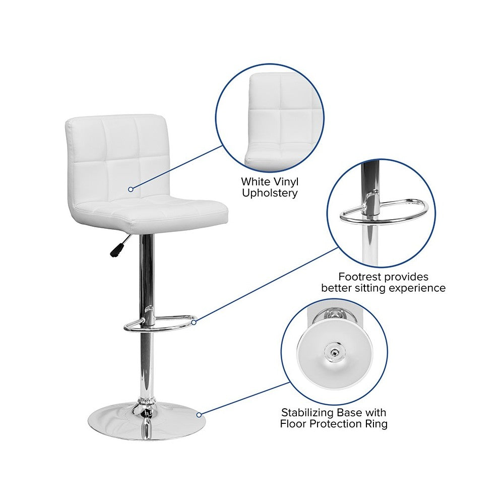 Contemporary White Quilted Vinyl Adjustable Height Barstool with Chrome Base