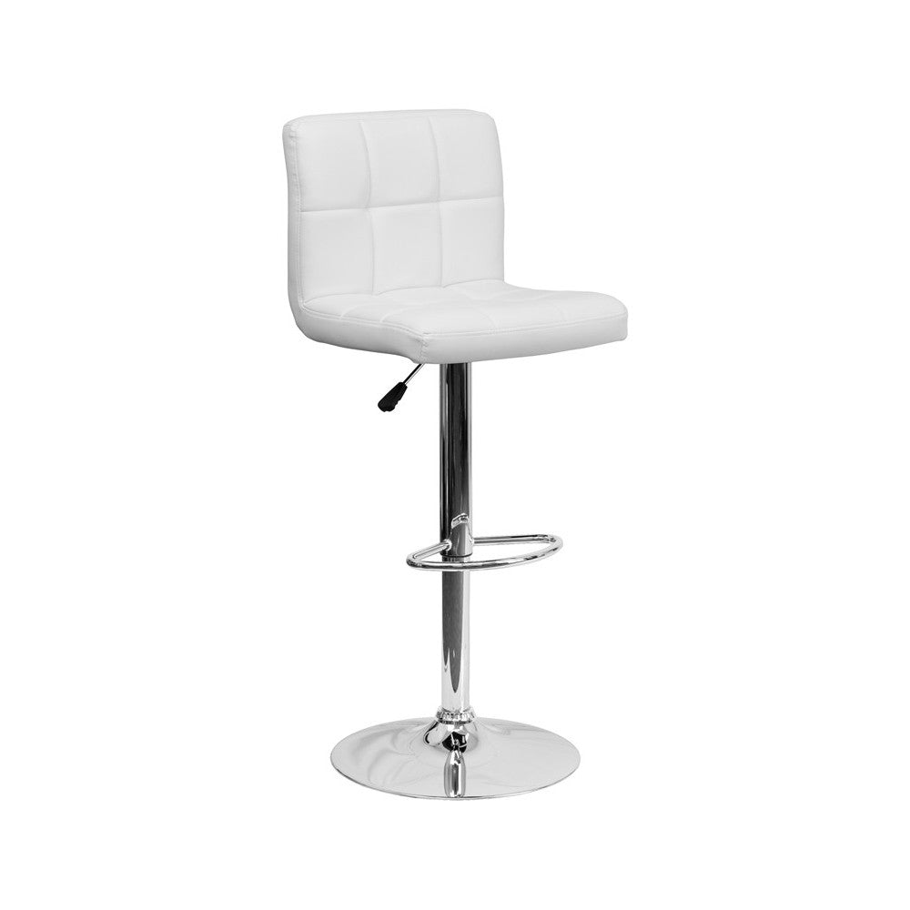 Contemporary White Quilted Vinyl Adjustable Height Barstool with Chrome Base