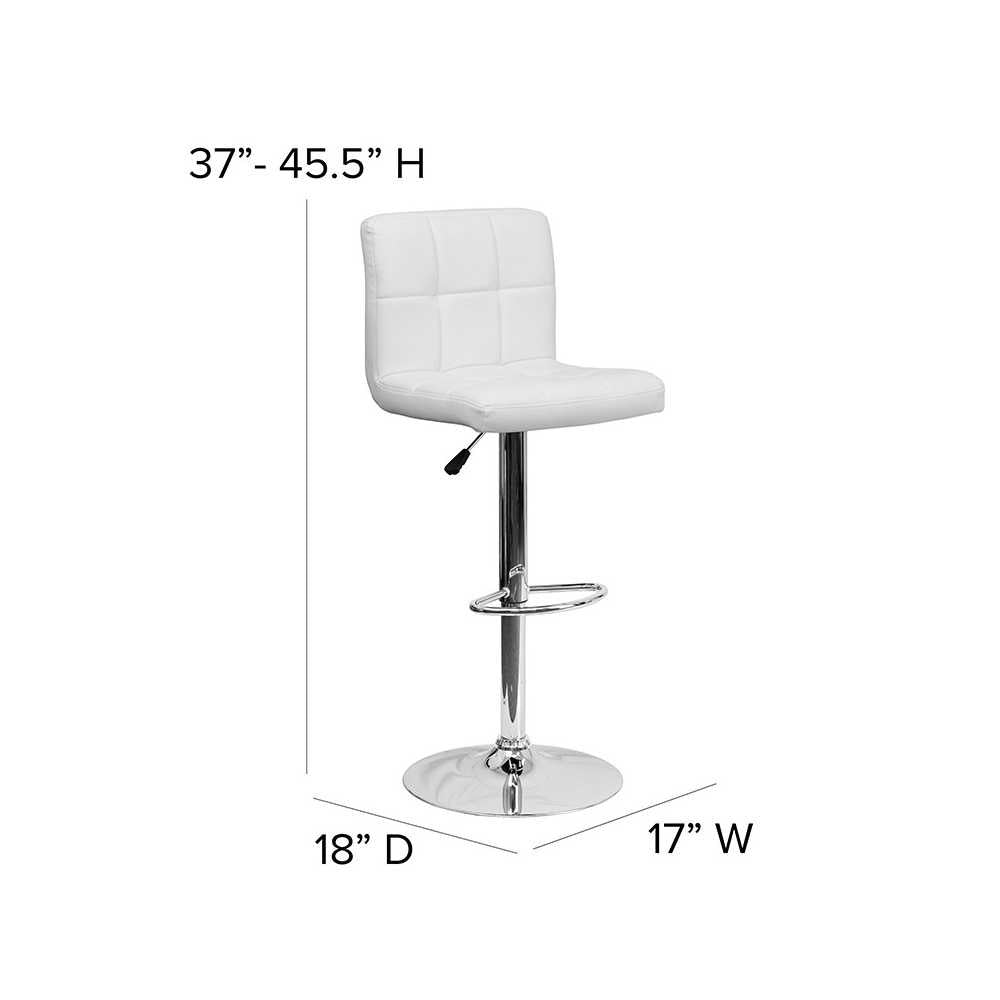 Contemporary White Quilted Vinyl Adjustable Height Barstool with Chrome Base