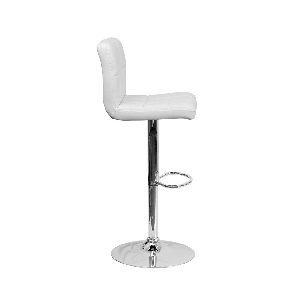 Contemporary White Quilted Vinyl Adjustable Height Barstool with Chrome Base