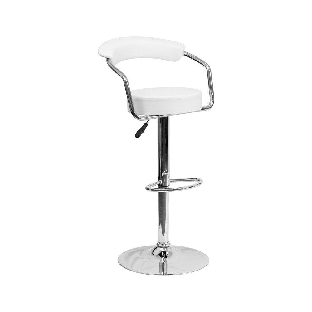 Contemporary White Vinyl Adjustable Height Barstool with Arms and Chrome Base