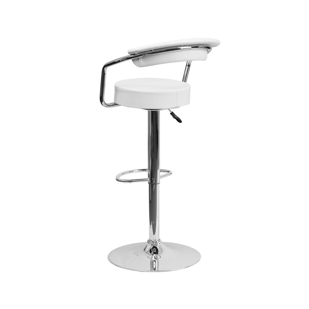 Contemporary White Vinyl Adjustable Height Barstool with Arms and Chrome Base