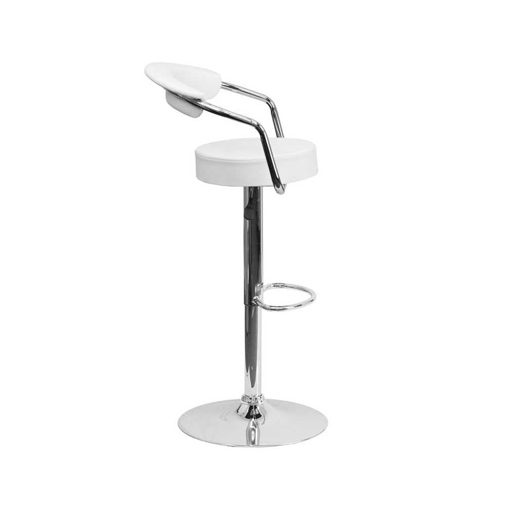 Contemporary White Vinyl Adjustable Height Barstool with Arms and Chrome Base