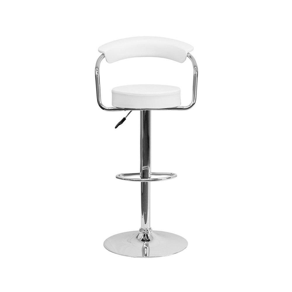 Contemporary White Vinyl Adjustable Height Barstool with Arms and Chrome Base