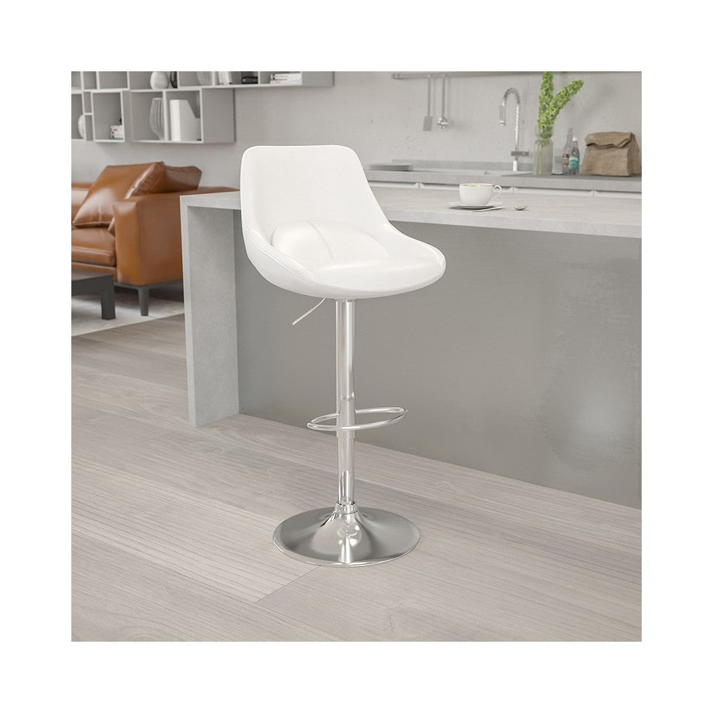 Contemporary White Vinyl Adjustable Height Barstool with Chrome Base