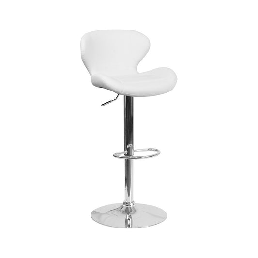 Contemporary White Vinyl Adjustable Height Barstool with Curved Back and Chrome Base