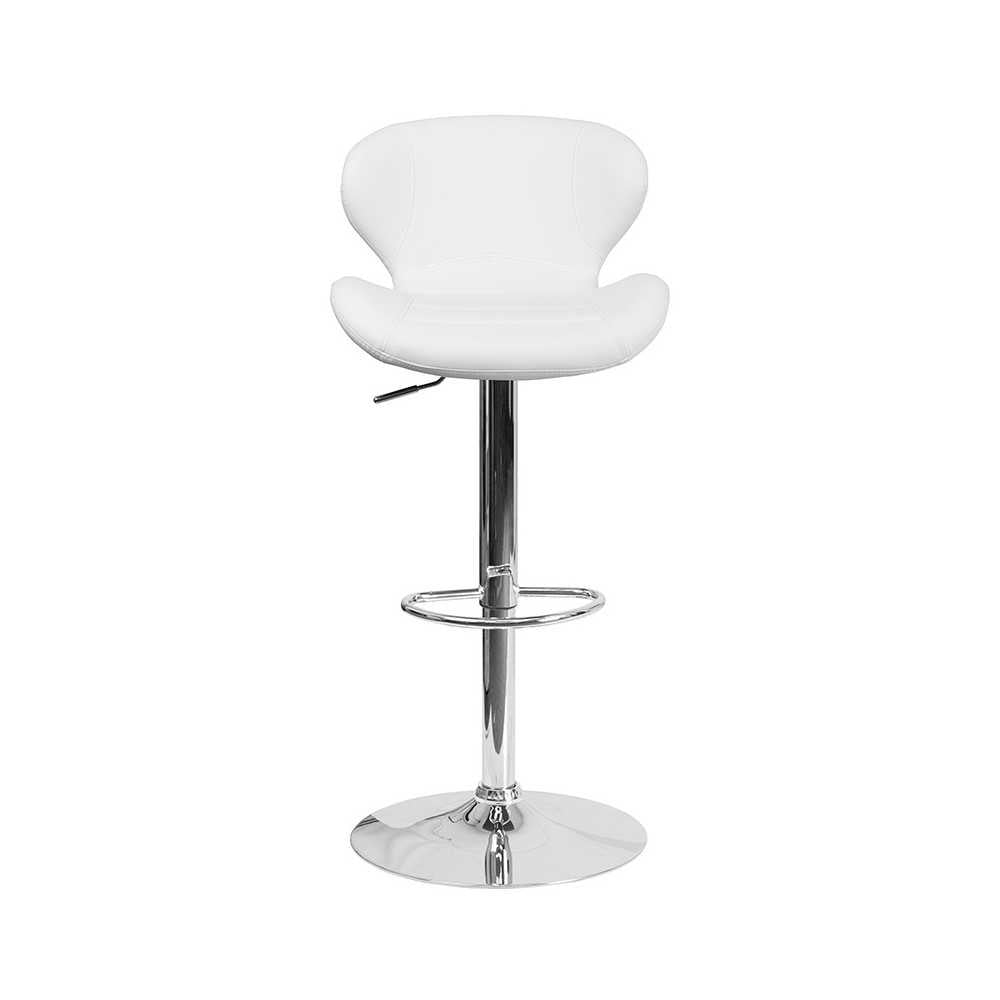 Contemporary White Vinyl Adjustable Height Barstool with Curved Back and Chrome Base
