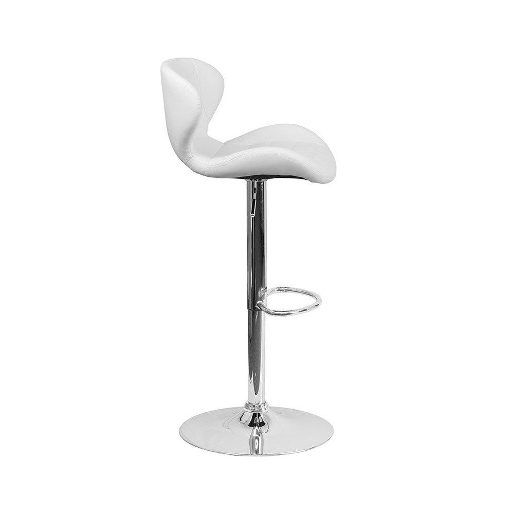 Contemporary White Vinyl Adjustable Height Barstool with Curved Back and Chrome Base