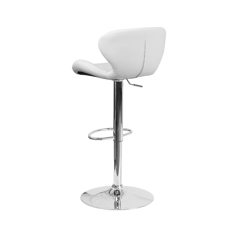 Contemporary White Vinyl Adjustable Height Barstool with Curved Back and Chrome Base