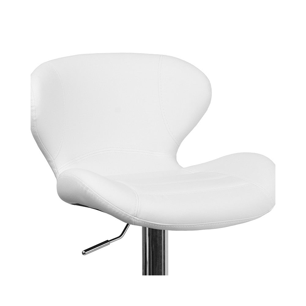 Contemporary White Vinyl Adjustable Height Barstool with Curved Back and Chrome Base