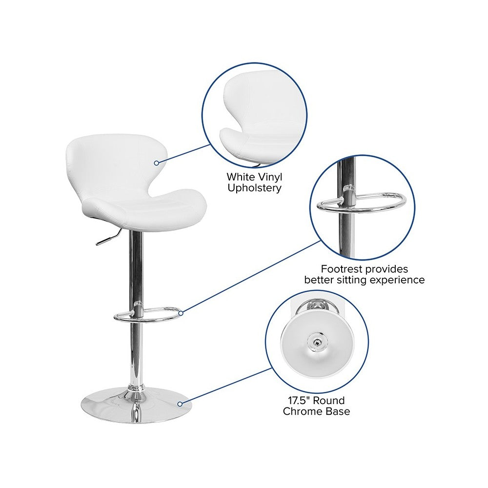 Contemporary White Vinyl Adjustable Height Barstool with Curved Back and Chrome Base
