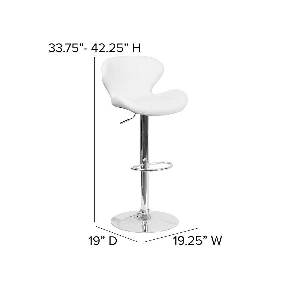 Contemporary White Vinyl Adjustable Height Barstool with Curved Back and Chrome Base