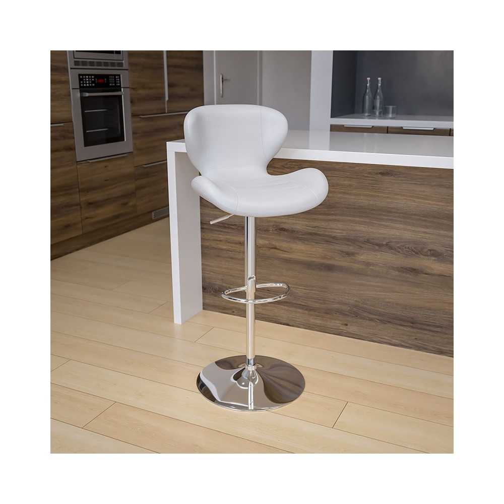 Contemporary White Vinyl Adjustable Height Barstool with Curved Back and Chrome Base