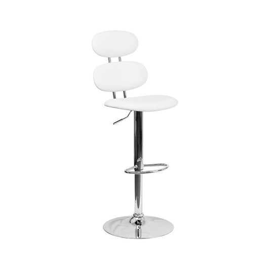 Contemporary White Vinyl Adjustable Height Barstool with Ellipse Back and Chrome Base