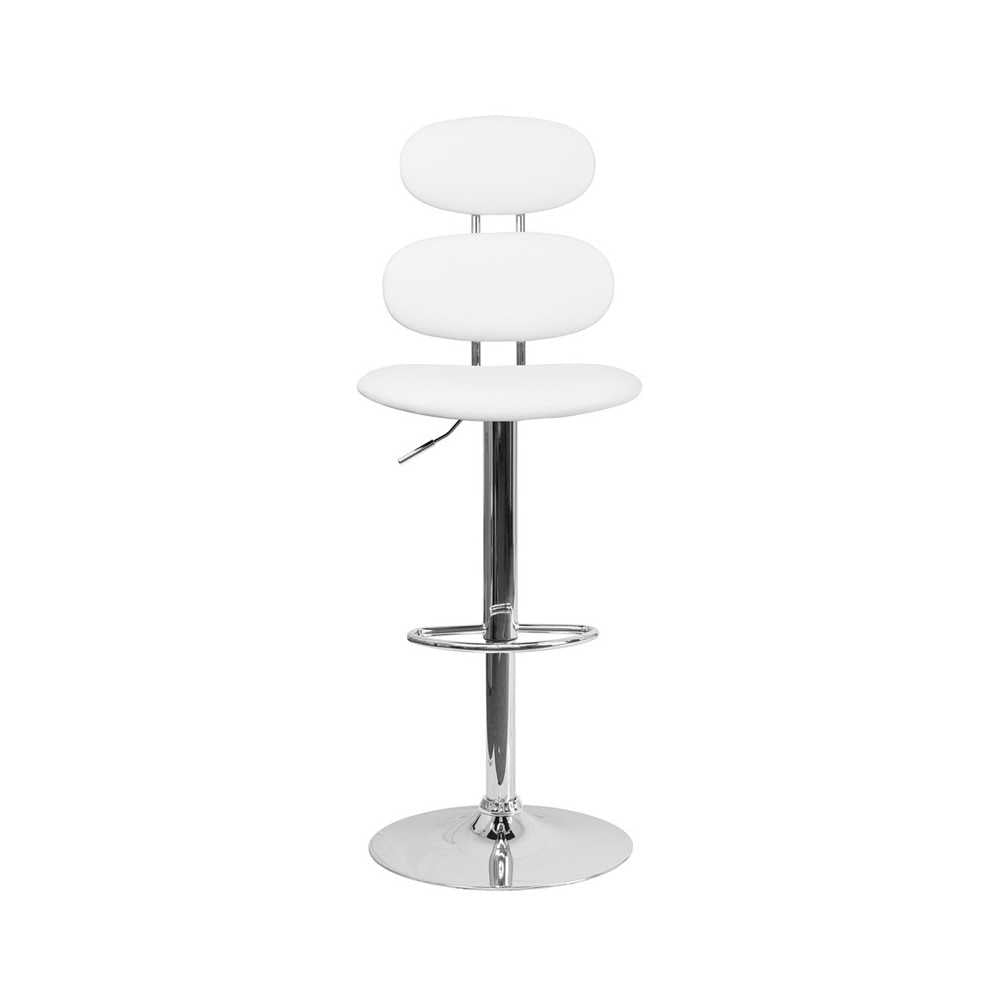 Contemporary White Vinyl Adjustable Height Barstool with Ellipse Back and Chrome Base