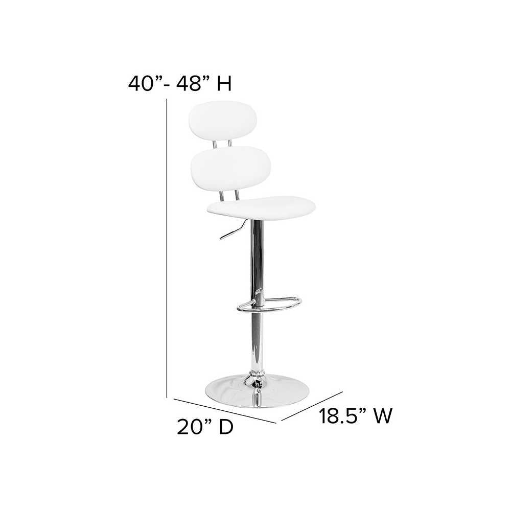 Contemporary White Vinyl Adjustable Height Barstool with Ellipse Back and Chrome Base