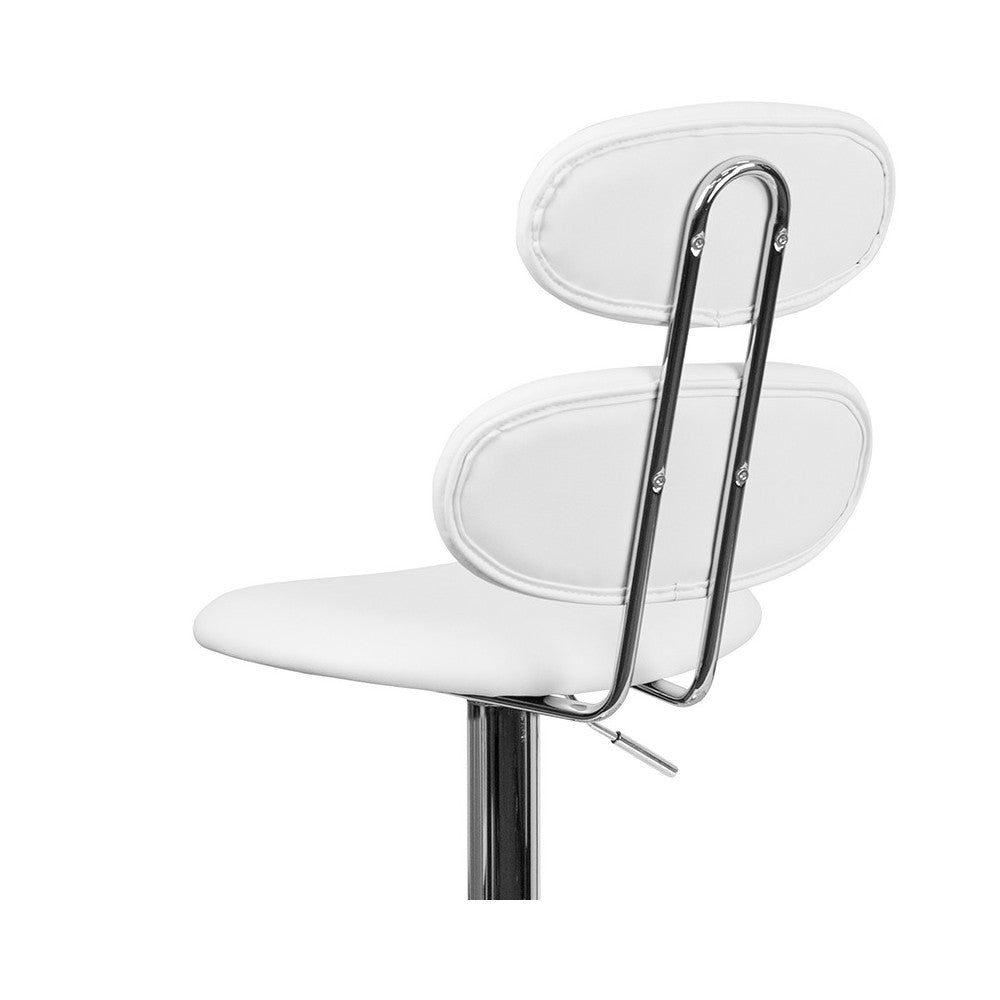 Contemporary White Vinyl Adjustable Height Barstool with Ellipse Back and Chrome Base