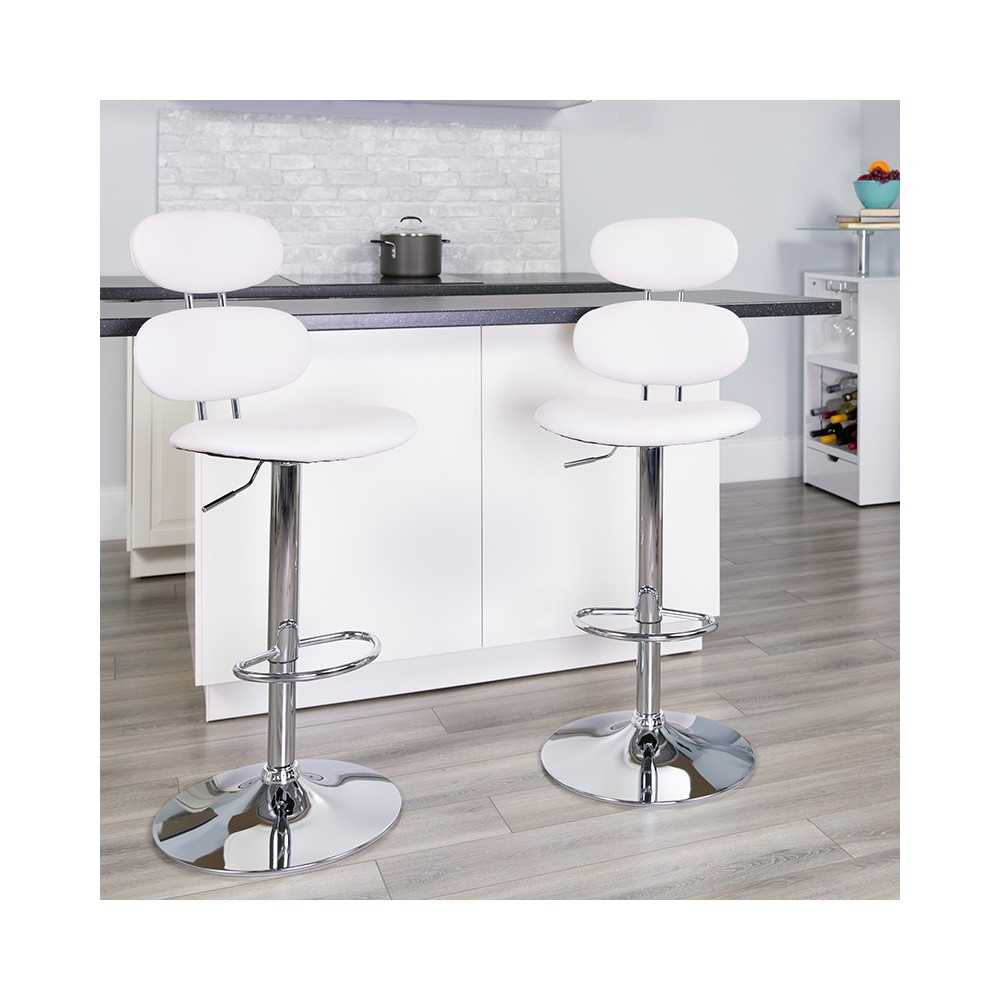 Contemporary White Vinyl Adjustable Height Barstool with Ellipse Back and Chrome Base