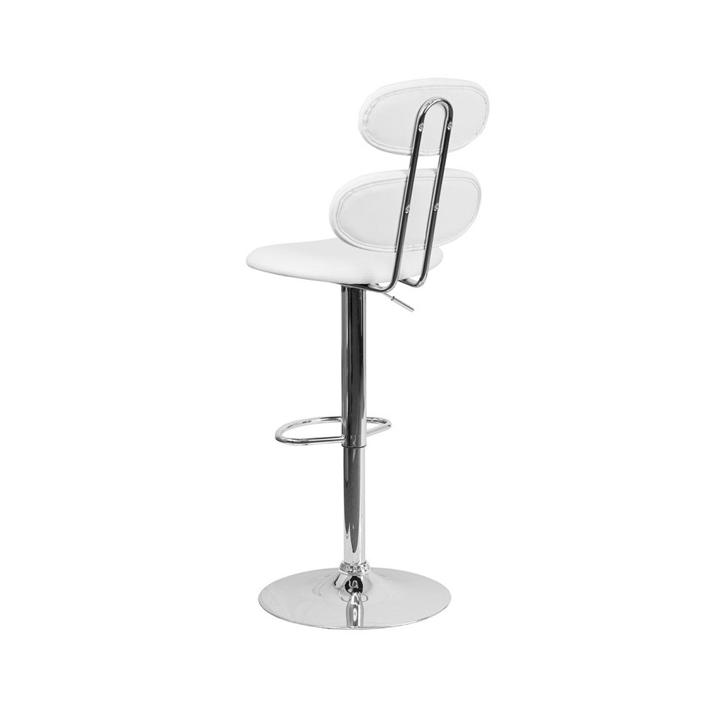 Contemporary White Vinyl Adjustable Height Barstool with Ellipse Back and Chrome Base