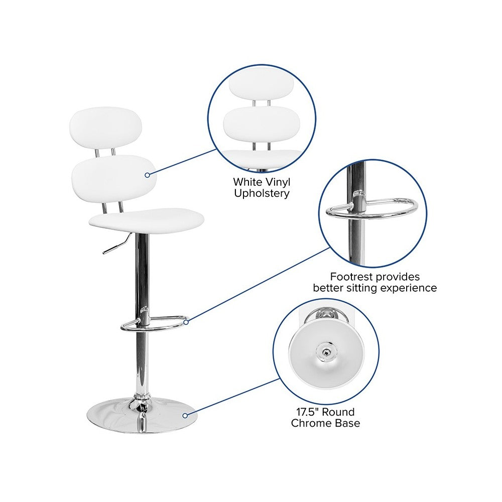 Contemporary White Vinyl Adjustable Height Barstool with Ellipse Back and Chrome Base