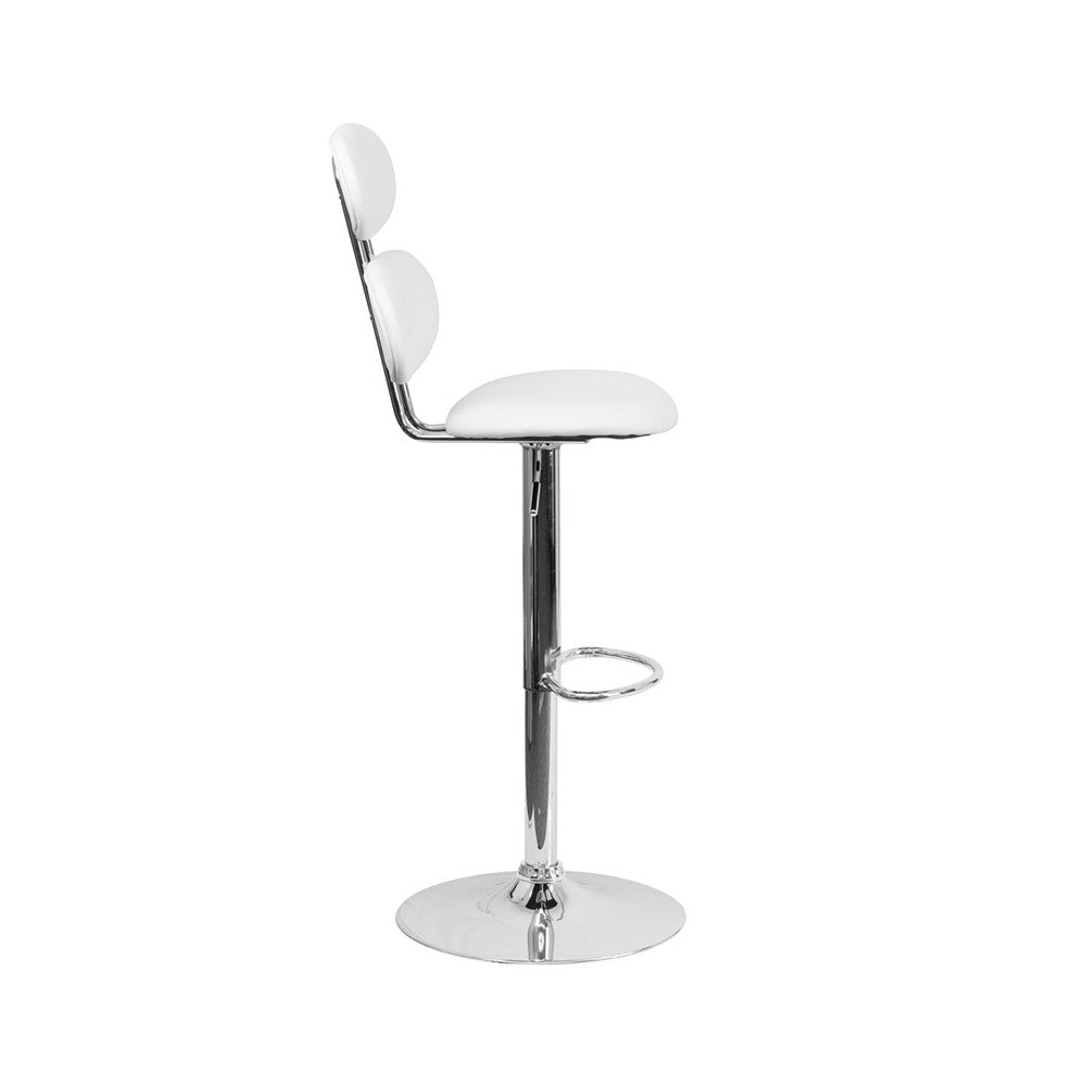 Contemporary White Vinyl Adjustable Height Barstool with Ellipse Back and Chrome Base