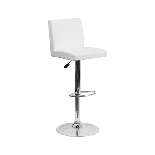 Contemporary White Vinyl Adjustable Height Barstool with Panel Back and Chrome Base