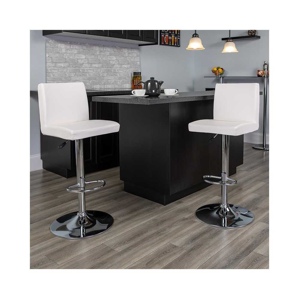 Contemporary White Vinyl Adjustable Height Barstool with Panel Back and Chrome Base