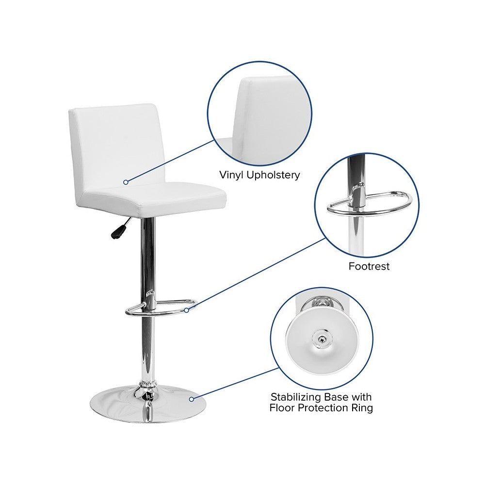 Contemporary White Vinyl Adjustable Height Barstool with Panel Back and Chrome Base