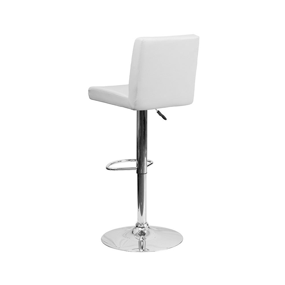 Contemporary White Vinyl Adjustable Height Barstool with Panel Back and Chrome Base