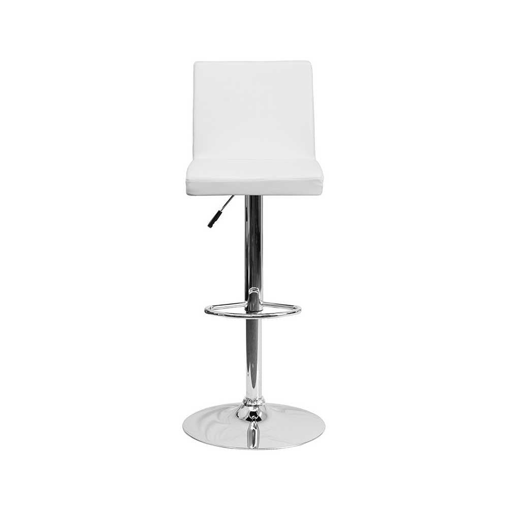 Contemporary White Vinyl Adjustable Height Barstool with Panel Back and Chrome Base