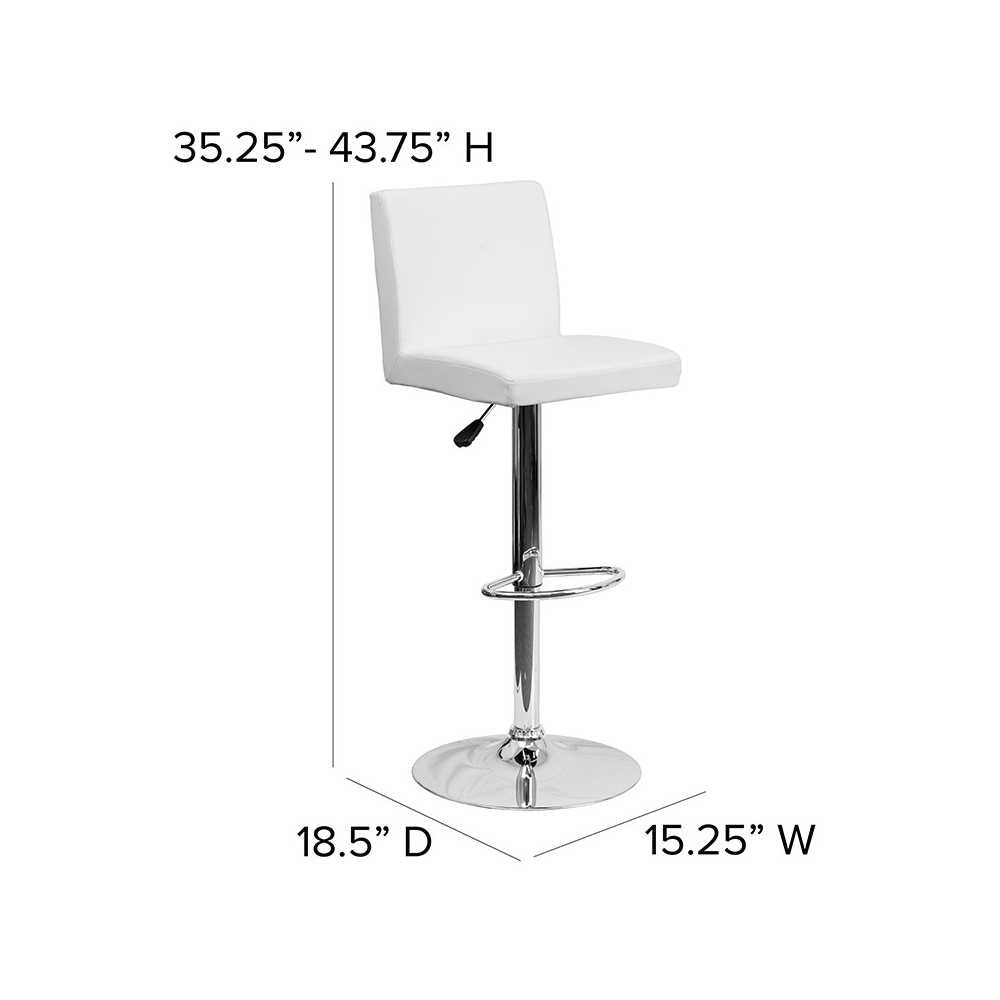 Contemporary White Vinyl Adjustable Height Barstool with Panel Back and Chrome Base