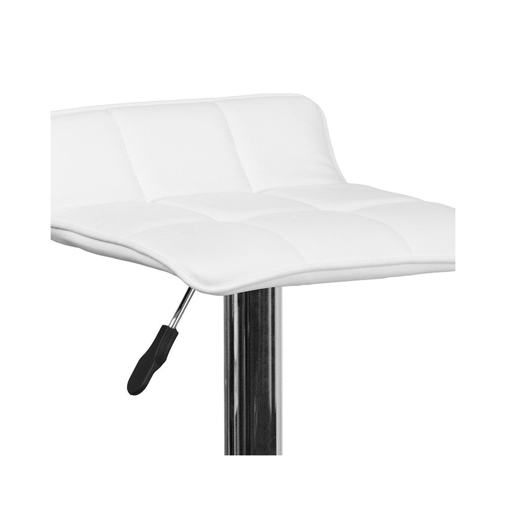 Contemporary White Vinyl Adjustable Height Barstool with Quilted Wave Seat and Chrome Base