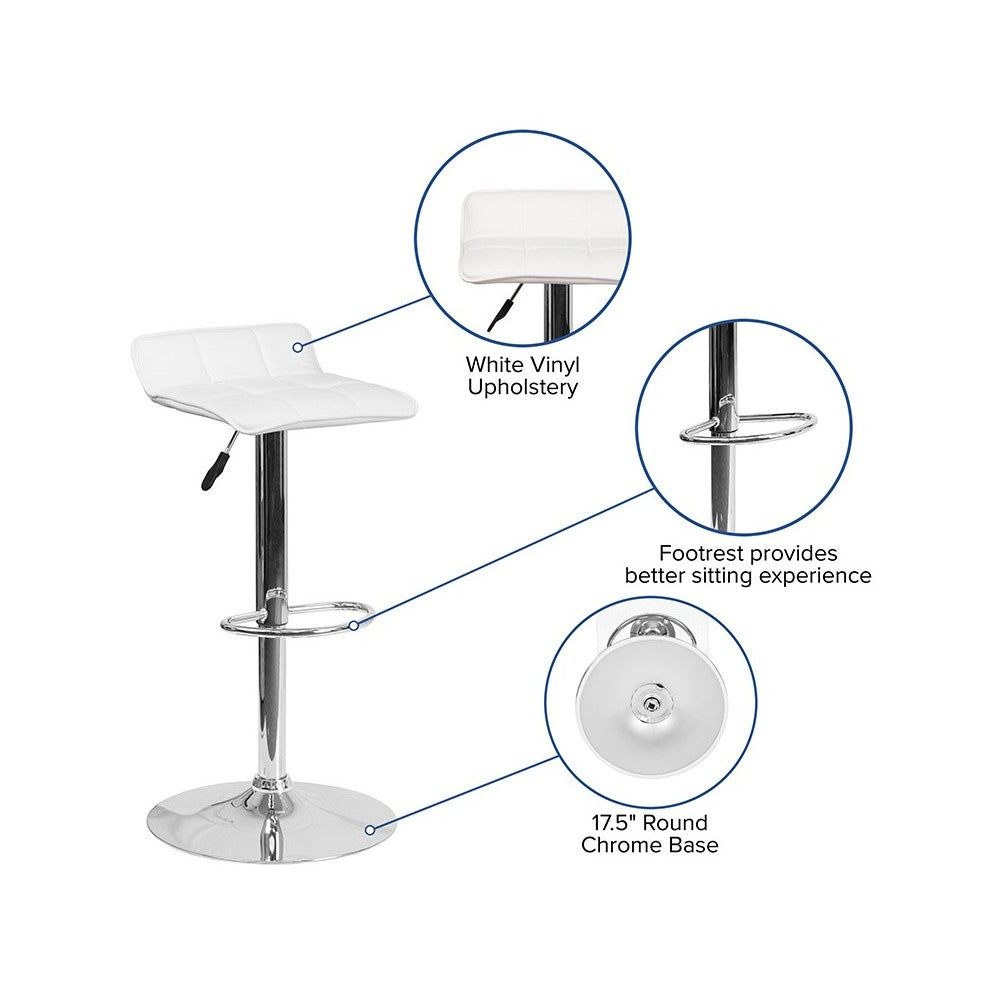 Contemporary White Vinyl Adjustable Height Barstool with Quilted Wave Seat and Chrome Base