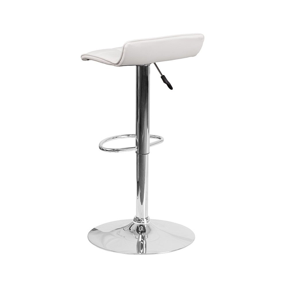 Contemporary White Vinyl Adjustable Height Barstool with Quilted Wave Seat and Chrome Base