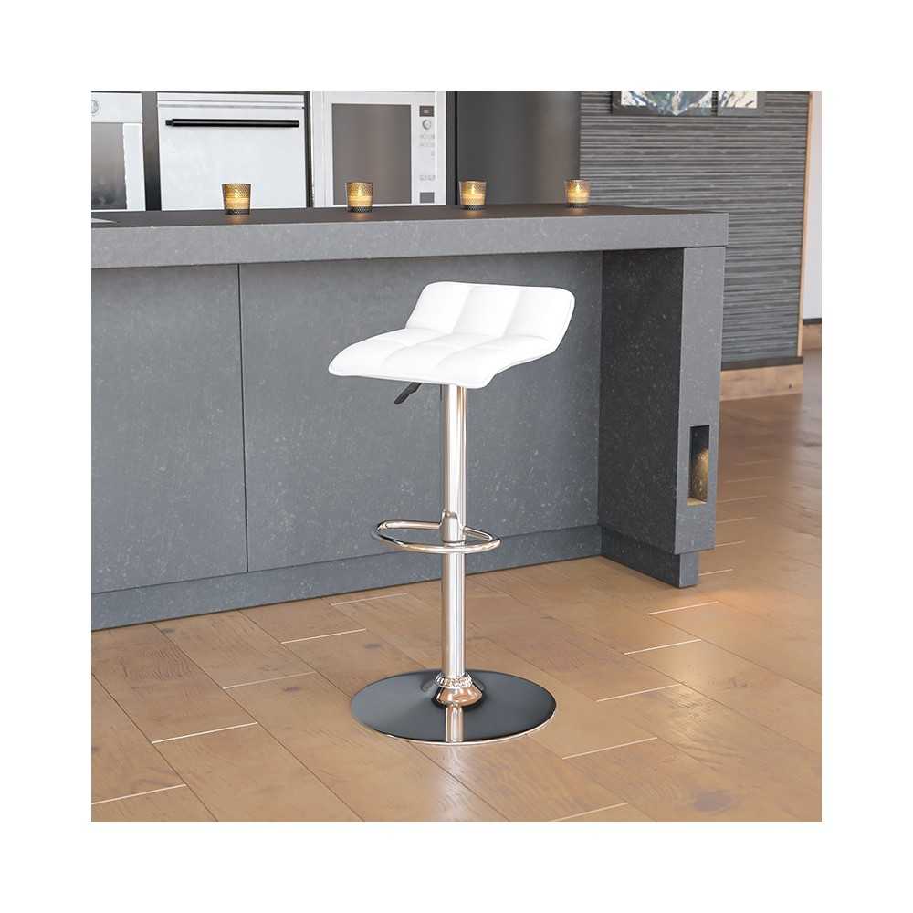 Contemporary White Vinyl Adjustable Height Barstool with Quilted Wave Seat and Chrome Base