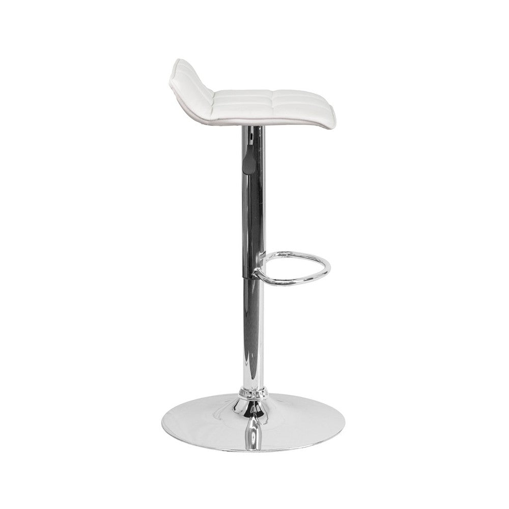 Contemporary White Vinyl Adjustable Height Barstool with Quilted Wave Seat and Chrome Base