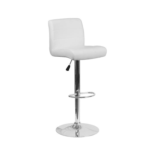 Contemporary White Vinyl Adjustable Height Barstool with Rolled Seat and Chrome Base