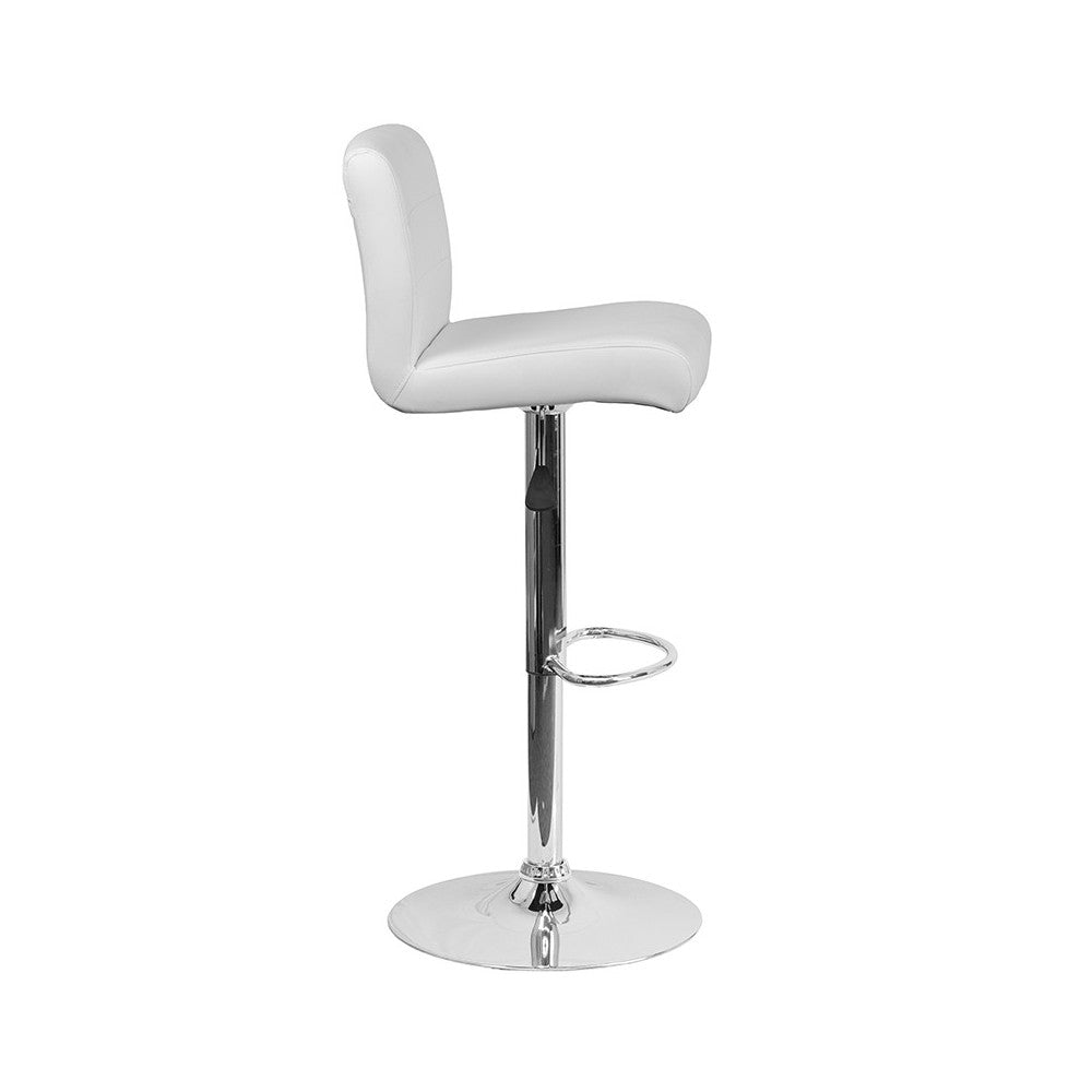 Contemporary White Vinyl Adjustable Height Barstool with Rolled Seat and Chrome Base