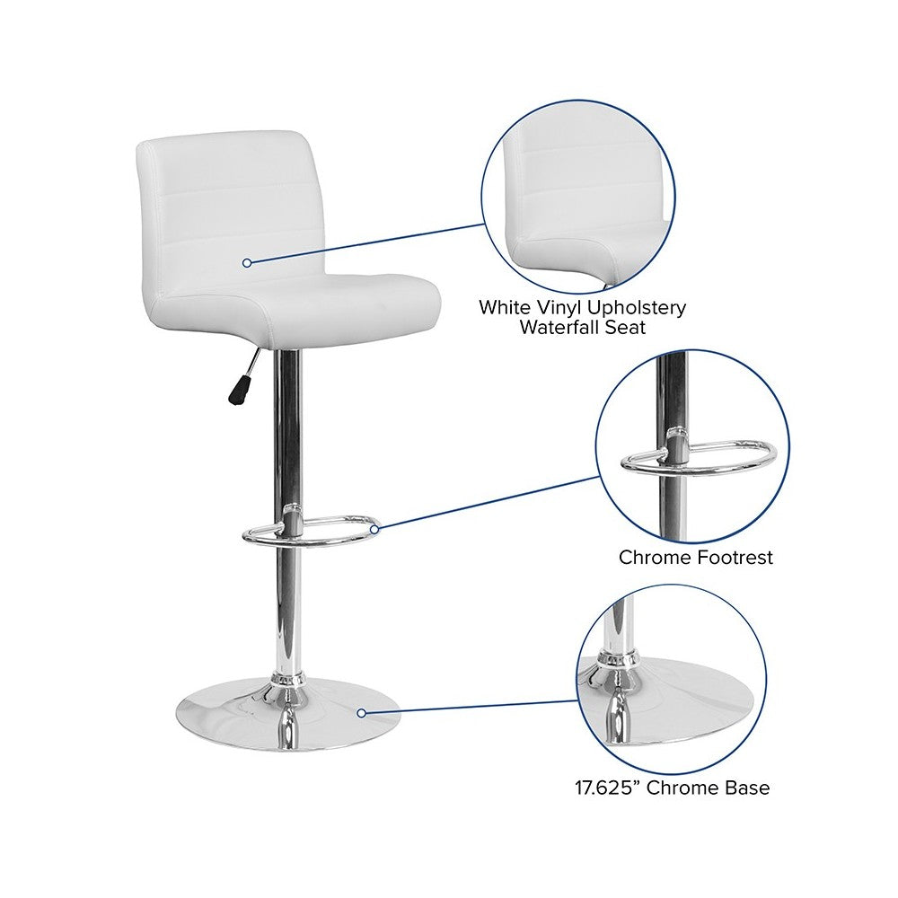 Contemporary White Vinyl Adjustable Height Barstool with Rolled Seat and Chrome Base