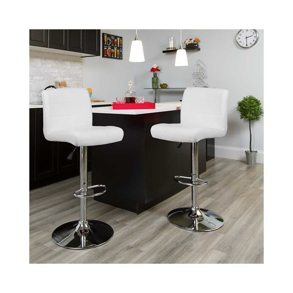 Contemporary White Vinyl Adjustable Height Barstool with Rolled Seat and Chrome Base