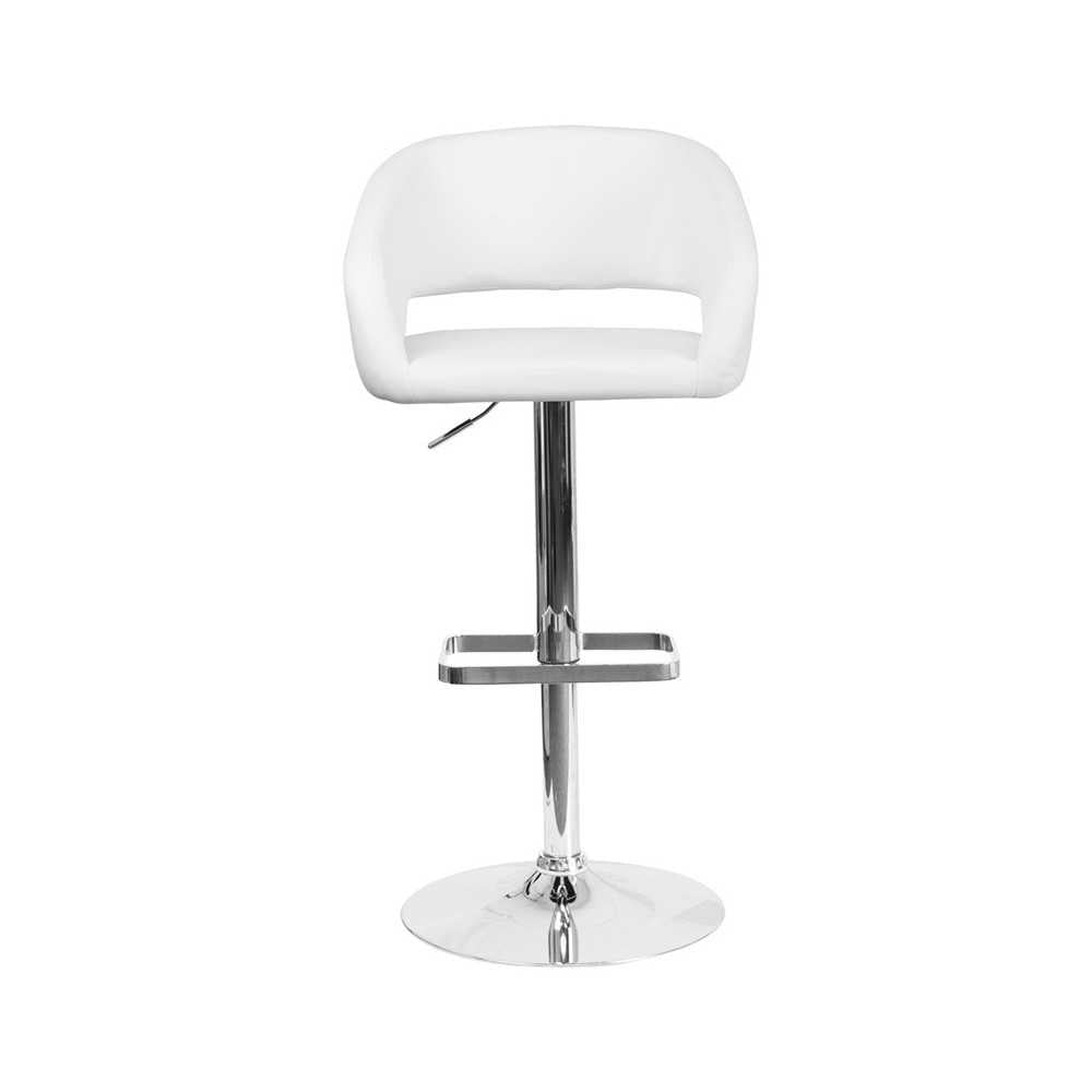 Contemporary White Vinyl Adjustable Height Barstool with Rounded Mid-Back and Chrome Base