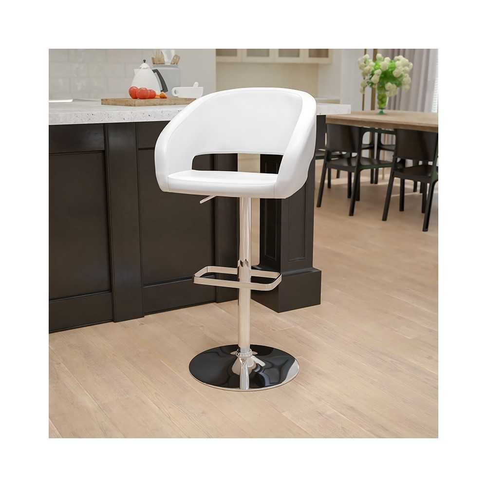 Contemporary White Vinyl Adjustable Height Barstool with Rounded Mid-Back and Chrome Base