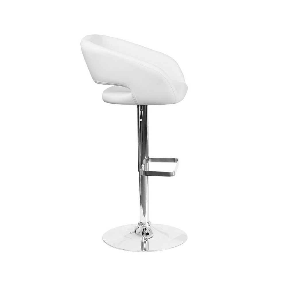 Contemporary White Vinyl Adjustable Height Barstool with Rounded Mid-Back and Chrome Base